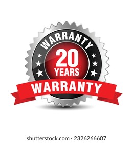 Powerful 20 years warranty badge with red color ribbon isolated on white background. Vector illustration.