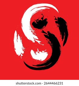 Powerful abstract yin and yang with brushstrokes. Black and white contrast on bright red represents balance, duality, and spiritual energy.
