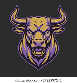A powerful and aggressive bull head with purple and gold coloring, suitable for a sports team or brand.