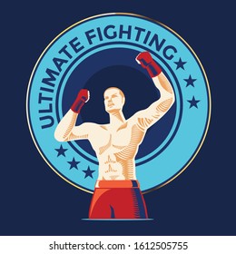 Powerful aggressive fighter is showing his muscles on arena
