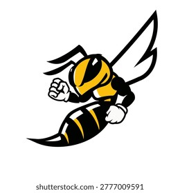 Powerful and aggressive hornet mascot vector illustration featuring a yellow and black wasp in a dynamic flying pose, perfect for sports branding, gaming logos, and team identities.
