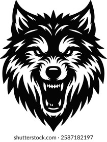 A powerful and aggressive snarling wolf head logo designed in a bold black and white vector style.