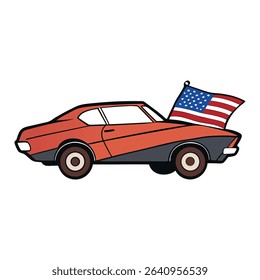 A powerful American muscle car adorned with bold stars and stripes, roaring down the road with patriotic pride and classic vintage style.
