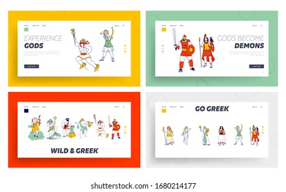 Powerful Ancient Greek Gods and Goddess Landing Page Template Set. Zeus Poseidon Hephaestus, Vulcan Apollon Hermes Ares Hera Athena Minerva Demeter Aphrodite Hestia Deities. Linear Vector Illustration