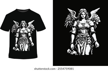 Powerful Angel Warrior Silhouette T-Shirt Design in Black and White