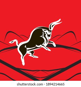 Powerful angry bull reared up. Side view. Hand-drawn. Black buffalo silhouette. White outline. Symbol of strength, power, fertility. For corrida, logo, trademark farm. Minimalistic style. Vector EPS10