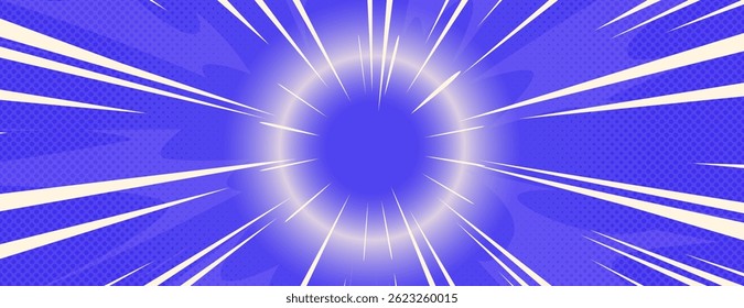 Powerful anime explosion effect - dynamic radial lines burst from bright center on blue bg. Dramatic comic book style zoom speed lines, white beams spreading out. Manga light rays, superhero action.