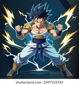 Powerful Anime Fighter Charging Energy with Electrifying Aura in Dynamic Pose