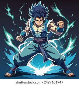 Powerful Anime Fighter Charging Energy with Electrifying Aura in Dynamic Pose