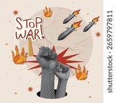 A powerful anti war vector illustration featuring raised fists, explosive symbols, and a strong call to action against violence.