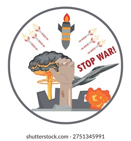 A powerful anti war vector illustration featuring raised fists, explosive symbols, and a strong call to action against violence. A high octane battle. Silhouettes against a backdrop of buildings destroyed by missile attacks. Refugees after Palestine and Israel conflict. The Civil War. Incidents of the war. A harvest of death. Israel vs Iran war concept. Refugees of political conflict and silhouettes of troop cross the damage city.