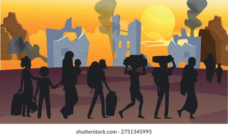 A powerful anti war vector illustration featuring raised fists, explosive symbols, and a strong call to action against violence. A high octane battle. Silhouettes against a backdrop of buildings destroyed by missile attacks. Refugees after Palestine and Israel conflict. The Civil War. Incidents of the war. A harvest of death. Israel vs Iran war concept. Refugees of political conflict and silhouettes of troop cross the damage city.