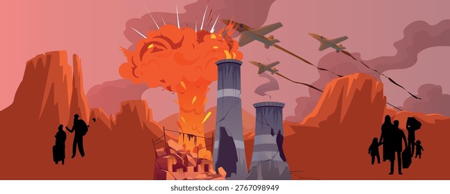 A powerful anti war vector illustration featuring raised fists, explosive symbols, and a strong call to action against violence. A high octane battle. Silhouettes against a backdrop of buildings destroyed by missile attacks. Refugees after Palestine and Israel conflict. The Civil War. Incidents of the war. A harvest of death. Israel vs Iran war concept. Refugees of political conflict and silhouettes of troop cross the damage city.