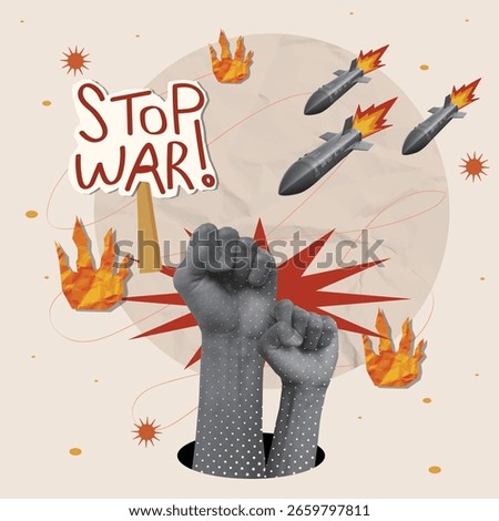 A powerful anti war vector illustration featuring raised fists, explosive symbols, and a strong call to action against violence.