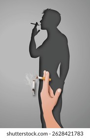  Um poderoso visual anti-tabagismo mostrando um cigarro quebrando na frente da sombra de um homem, simbolizando como fumar prejudica a masculinidade. Ideal para campanhas de conscientização sobre saúde e de não-fumantes.