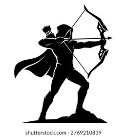 Powerful archer silhouette drawing bow and arrow in aiming stance on rocky ground with design element silhouette concentration