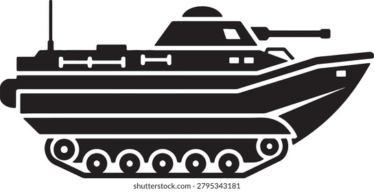 Powerful armored war machine icon featuring tank tracks and boat shaped hull. Military aquatic vehicle with rotating turret and cannon. Heavy assault tank for amphibious landing missions.