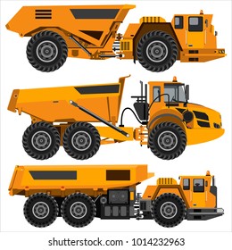 Powerful articulated dump truck. Isolated on a white background. Mechanical engineering, heavy industry, construction. Flat design. Vector illustration.