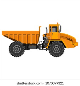 Powerful articulated dump truck. Isolated on a white background. Mechanical engineering, heavy industry, construction. Flat design. Vector illustration.