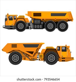 Powerful articulated dump truck. Isolated on a white background. Mechanical engineering, heavy industry, construction. Flat design. Vector illustration.