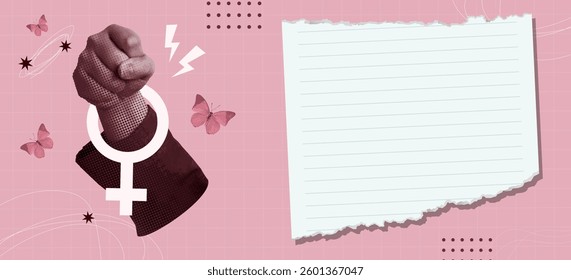 A powerful artistic representation of a fist symbolizing women's strength, set against a pink background, ideal for empowerment themes in campaigns.