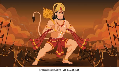 A powerful artwork of Lord Hanuman standing strong on the battlefield, holding his Gada with divine energy. 