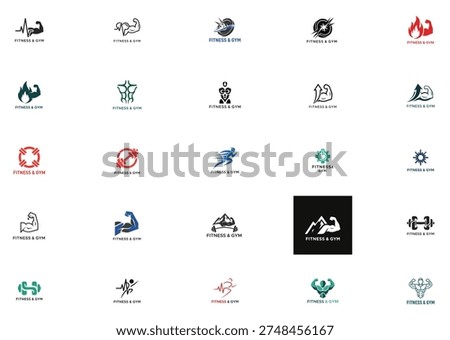 Powerful athletic branding elements, muscular arm silhouettes, barbell and weightlifting symbols