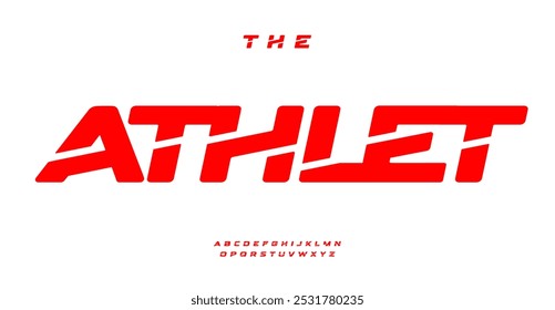 Powerful athletic font, futuristic bold letters, sleek geometric design for sports logos, fast-paced branding, dynamic typography with energetic cuts. Vector typeset