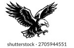 A powerful bald eagle is depicted in mid-flight, with its wings fully extended and talons poised, showcasing its strength and predatory nature.