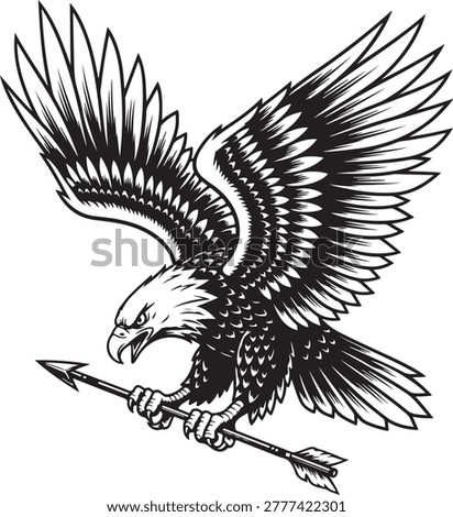 Powerful bald eagle grasping wooden arrow with sharp metal tip depicted in high contrast black and white graphic design.