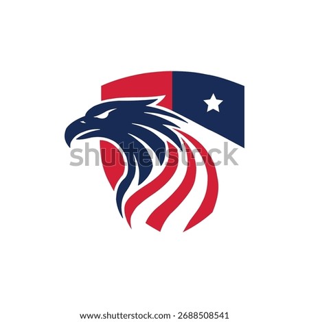 Powerful bald eagle head with patriotic colors and a stylized shield representing American freedom and national pride. Perfect for emblems, logos, and designs celebrating the USA.