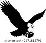 A powerful bald eagle in silhouette clutches an American football in its talons, wings spread wide against a white background.