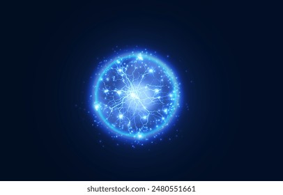 Powerful ball lightning blue png. A strong electric charge of energy in one ring. Element for your design, advertising, postcards, invitations, screensavers, websites, games.