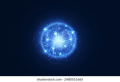 Powerful ball lightning blue png. A strong electric charge of energy in one ring. Element for your design, advertising, postcards, invitations, screensavers, websites, games.