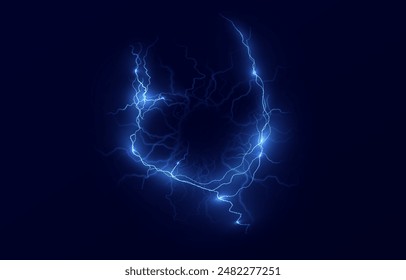 Powerful ball lightning blue png. A strong electric charge of energy in one ring. Element for your design, advertising, postcards, invitations, screensavers, websites, games.	
