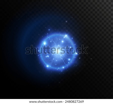 Powerful ball lightning blue png. A strong electric charge of energy in one ring. Element for your design, advertising, postcards, invitations, screensavers, websites, games.	
