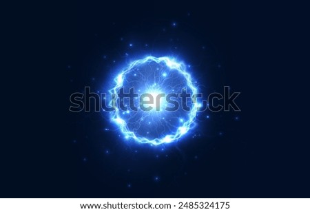Powerful ball lightning blue png. A strong electric charge of energy in one ring. Element for your design, advertising, postcards, invitations, screensavers, websites, games.	
