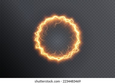 Powerful ball lightning gold png. A strong electric charge of energy in one ring. Element for your design, advertising, postcards, invitations, screensavers, websites, games.	