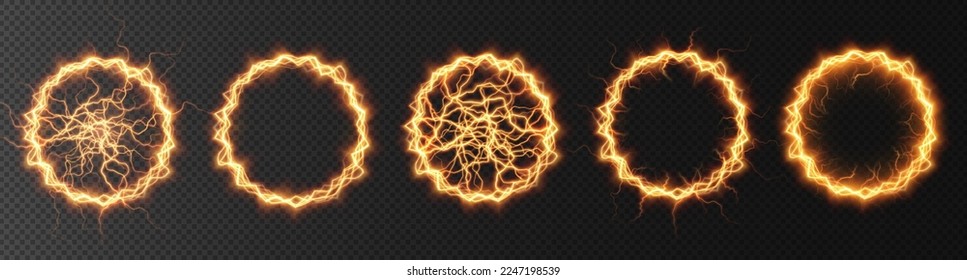 Juego de oro potente para relámpagos de bola. Una fuerte carga eléctrica de energía en un anillo. Elemento para su diseño, publicidad, postales, invitaciones, salvapantallas, sitios web, juegos.