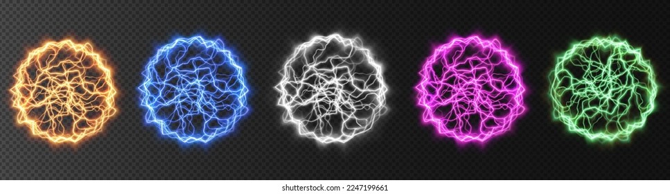 Powerful ball lightning gold, yellow, blue, red, green, pink set. A strong electric neon charge of energy in one ring. Element for your design, advertising, postcards, invitations, screensavers, websi