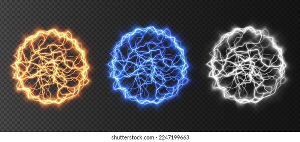 Powerful ball lightning gold, yellow, blue, red, green, pink set. A strong electric neon charge of energy in one ring. Element for your design, advertising, postcards, invitations, screensavers, websi