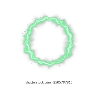 Powerful ball lightning green png. A strong electric charge of energy in one green ring. Element for your design, advertising, postcards, invitations, screensavers, websites, games.