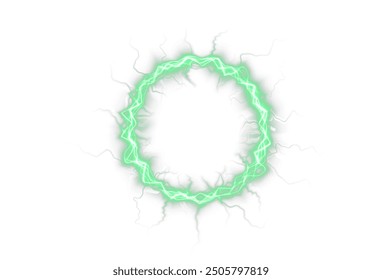 Powerful ball lightning green png. A strong electric charge of energy in one green ring. Element for your design, advertising, postcards, invitations, screensavers, websites, games.