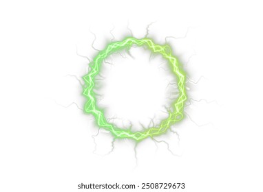 Powerful ball lightning green png. A strong electric charge of energy in one green ring. Element for your design, advertising, postcards, invitations, screensavers, websites, games.	
