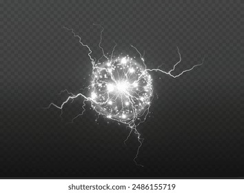 Powerful ball lightning white png. A strong electric charge of energy in one ring. Element for your design, advertising, postcards, invitations, screensavers, websites, games.