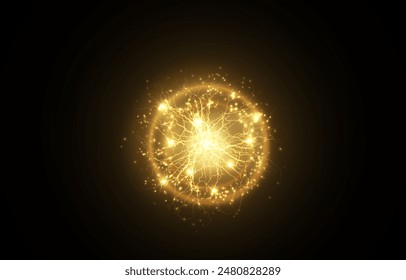 Powerful ball lightning yellow png. A strong electric charge of energy in one gold ring. Element for your design, advertising, postcards, invitations, screensavers, websites, games.