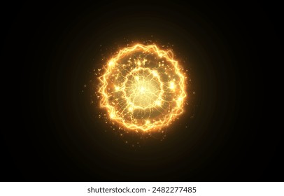 Powerful ball lightning yellow png. A strong electric charge of energy in one gold ring. Element for your design, advertising, postcards, invitations, screensavers, websites, games.	
