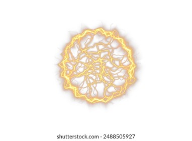 Powerful ball lightning yellow png. A strong electric charge of energy in one gold ring. Element for your design, advertising, postcards, invitations, screensavers, websites, games.	
