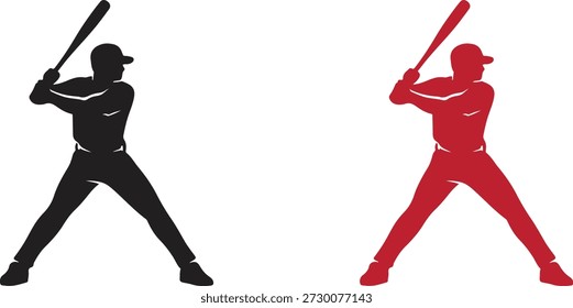 Poderosa silhueta de rebatedor de beisebol em posição de rebatedor pronto, segurando o taco e preparando-se para rebater a bola. Posto atlético forte com postura equilibrada, mostrado em negrito preto e vermelho vetor plana estilo, isolado em fundo branco. Ideal para logotipos de beisebol, marcas esportivas, mascotes da equipe, cartazes, impressões de vestuário, gráficos de treinamento, visuais de esportes e designs de esportes competitivos.