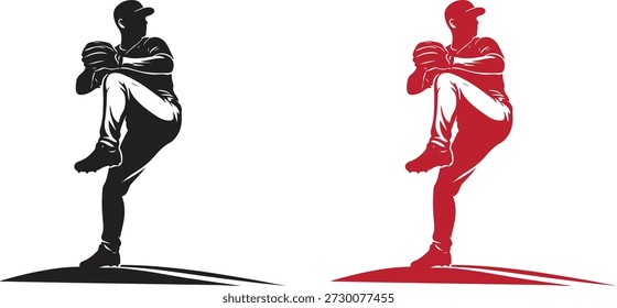 Poderosa silhueta de arremessador de beisebol na posição clássica de arremesso de vento, pé levantando e preparando-se para arremessar a bola. A pose atlética dinâmica é mostrada em negrito em preto e vermelho, isolado em fundo branco. Perfeito para logotipos de beisebol, marcas esportivas, mascotes da equipe, cartazes, impressões de vestuário, materiais de treinamento, gráficos de jogos e ilustrações de esportes competitivos.